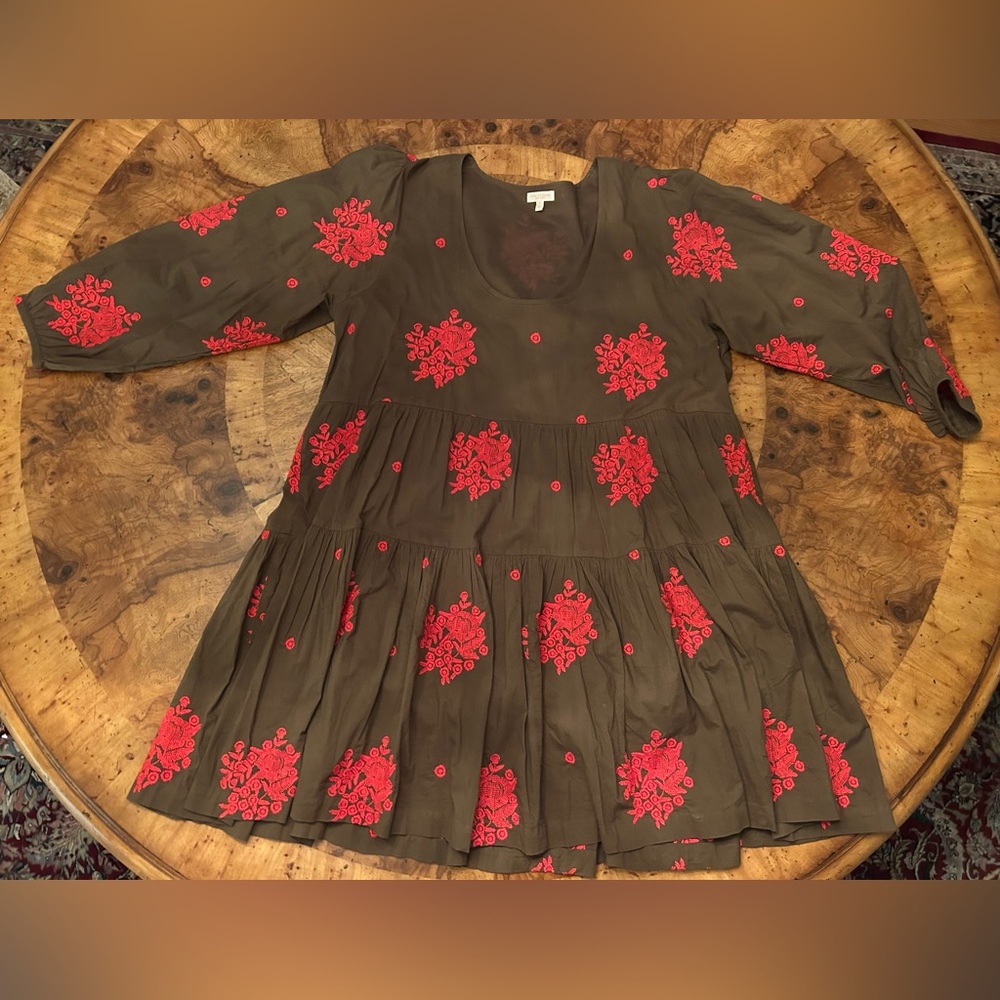 Pink Chicken Olive Dress with Red Floral Embroidery